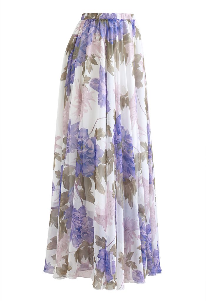 Jupe longue en mousseline de soie à imprimé de fleurs vibrantes en violet