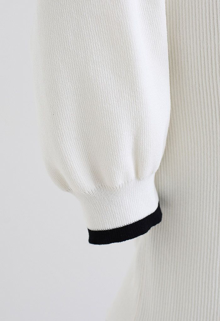 Haut cache-cœur en tricot à taille nouée et manches bouffantes en blanc