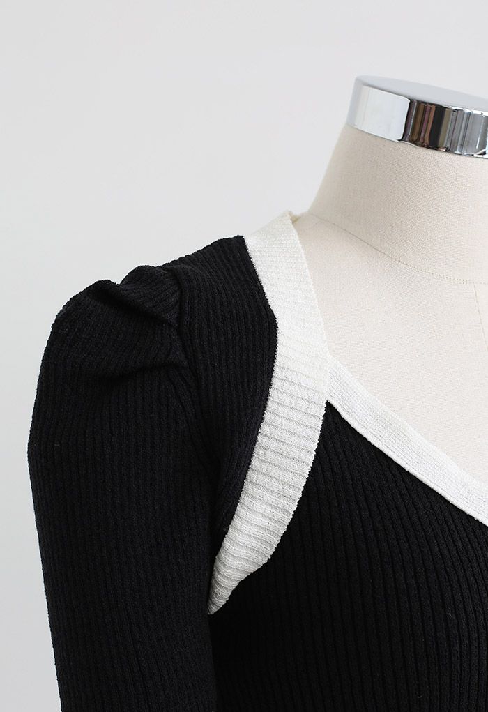 Haut en tricot à manches courtes Contrast Line en noir