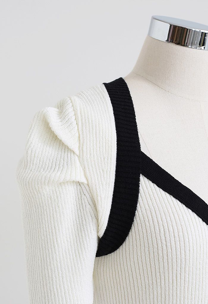 Haut en tricot à manches courtes Contrast Line en ivoire