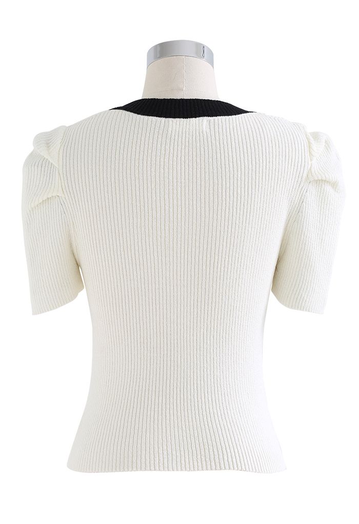 Haut en tricot à manches courtes Contrast Line en ivoire