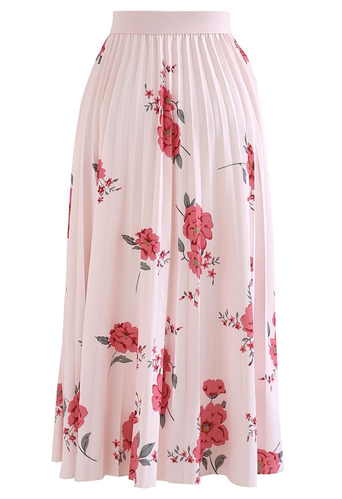 Jupe mi-longue plissée à fleurs taille haute en rose clair