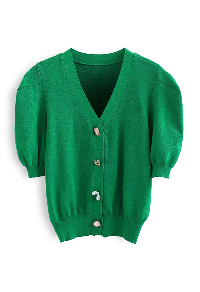 Cardigan court en tricot à manches courtes et boutons bijoux en vert