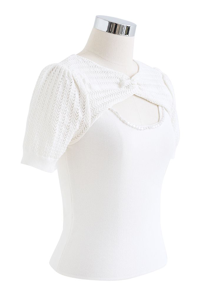 Haut en tricot évidé à col torsadé en blanc