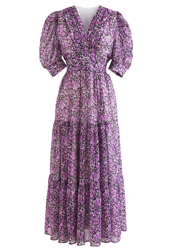Robe longue à volants et col en V imprimé fleuret en violet