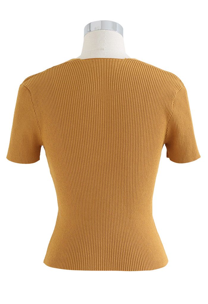Haut en tricot côtelé contrastant à encolure carrée en orange