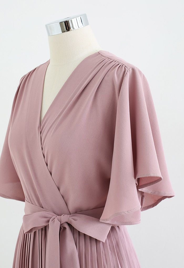 Robe mi-longue plissée à taille nouée effet portefeuille en vieux rose