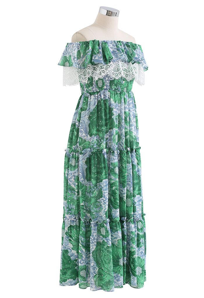 Blossom Robe mi-longue en dentelle à pois scintillants et épaules dénudées en vert
