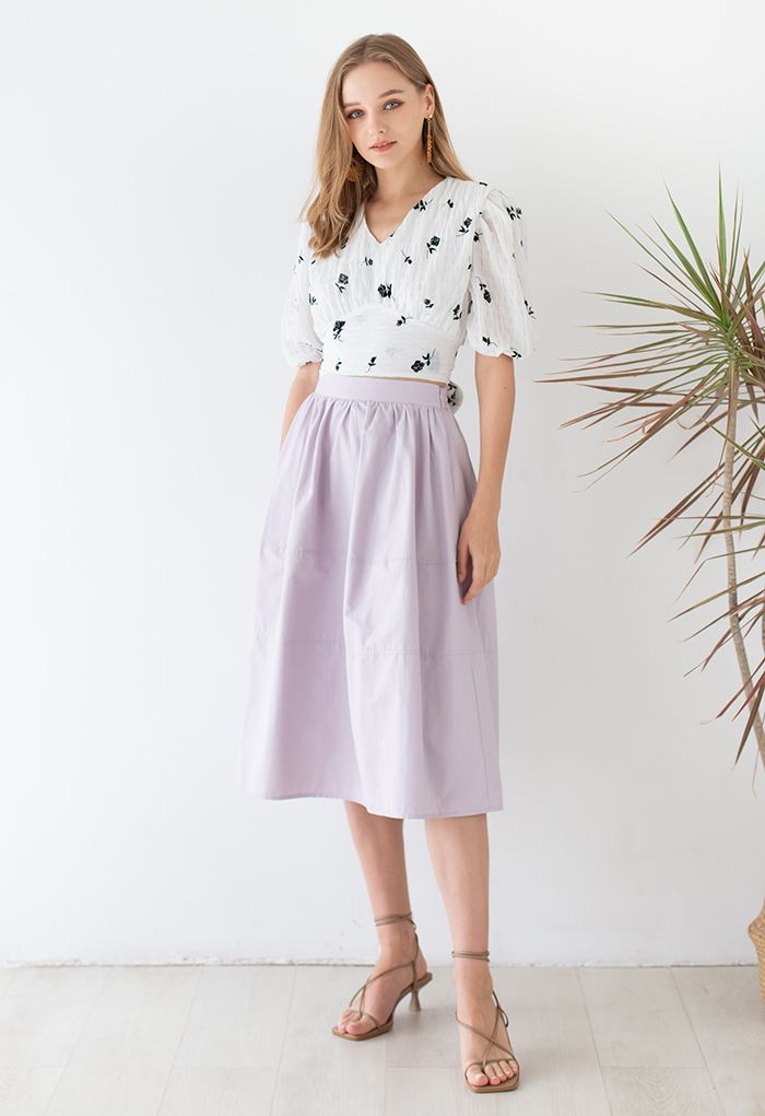 Jupe mi-longue en coton avec coutures en lilas