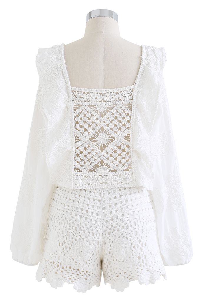 Ensemble haut et short en coton crocheté à fleurs évidées en blanc