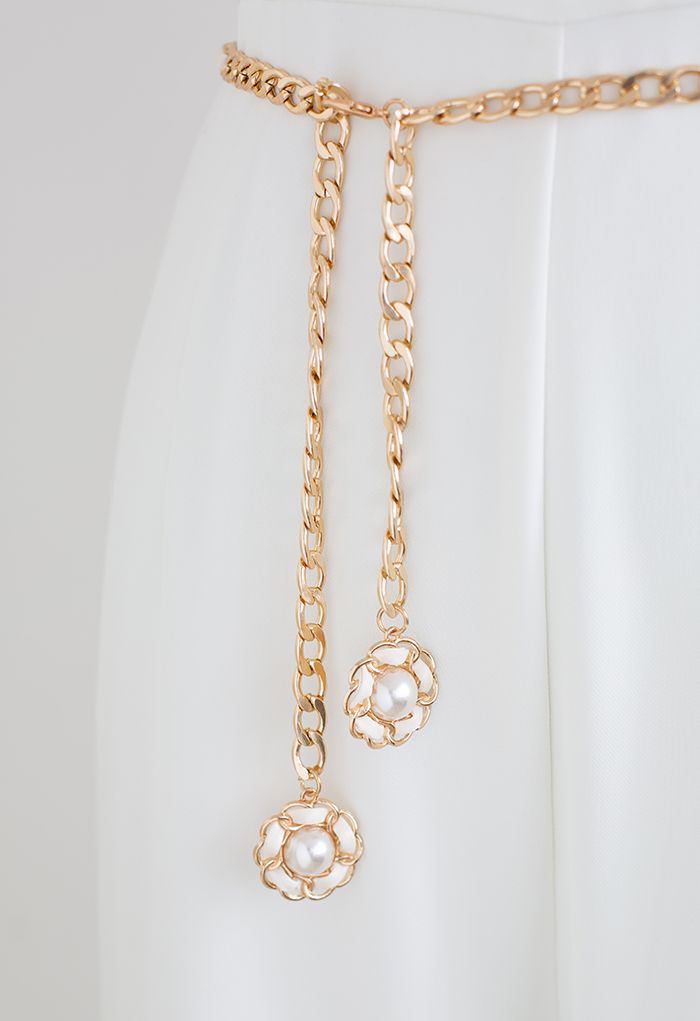 Ceinture à chaîne dorée en similicuir avec perles florales en ivoire