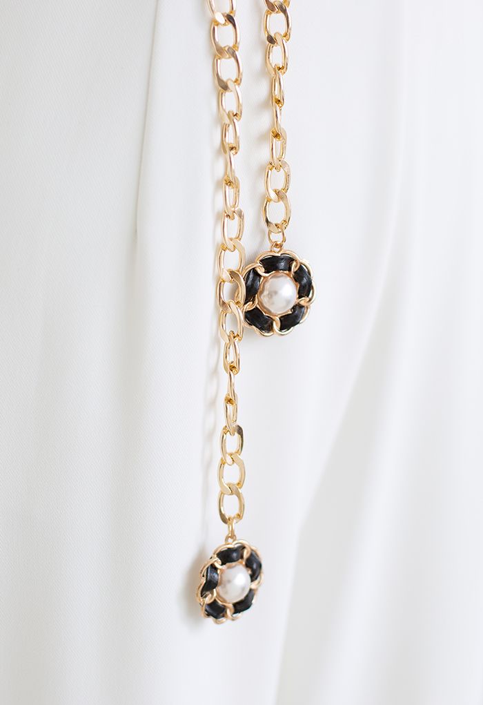 Ceinture à chaîne dorée en similicuir avec perles florales en noir