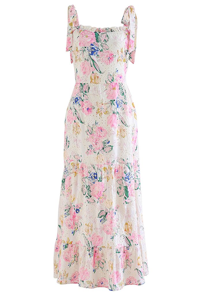 Robe longue rose à œillets brodés de fleurs et bretelles à nouer