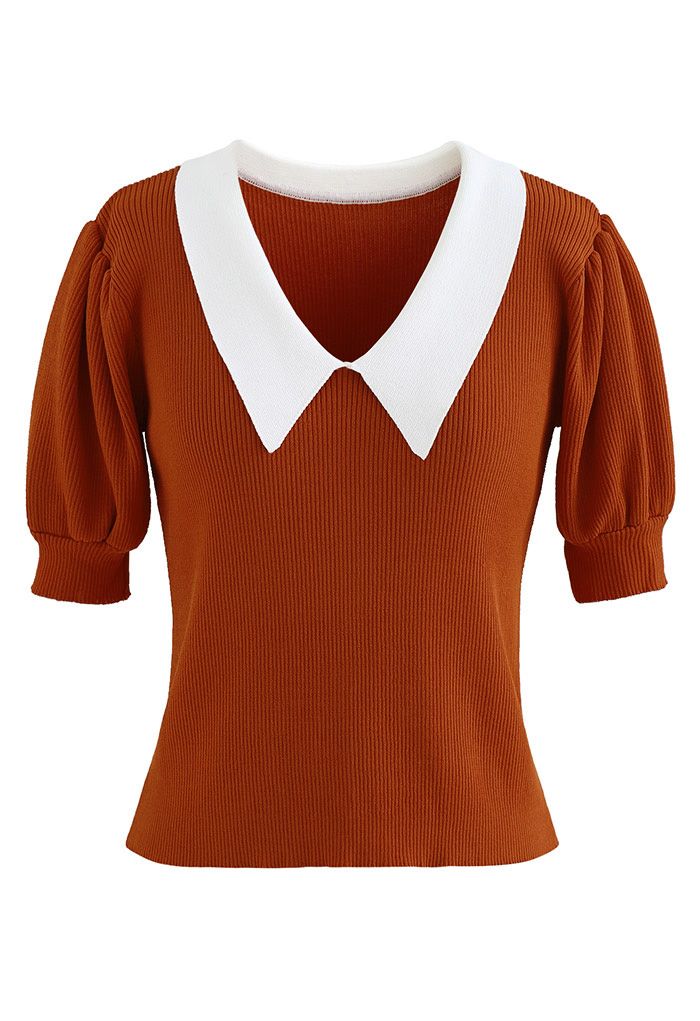 Haut en tricot à manches courtes et col contrasté en orange