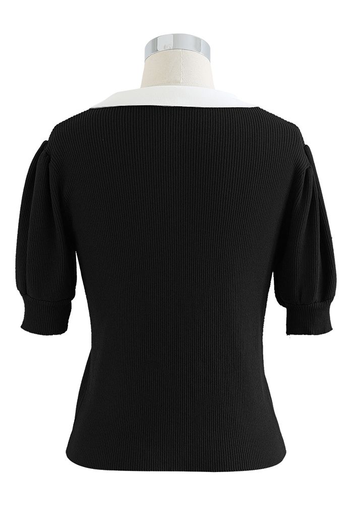 Haut en tricot à manches courtes et col contrasté en noir
