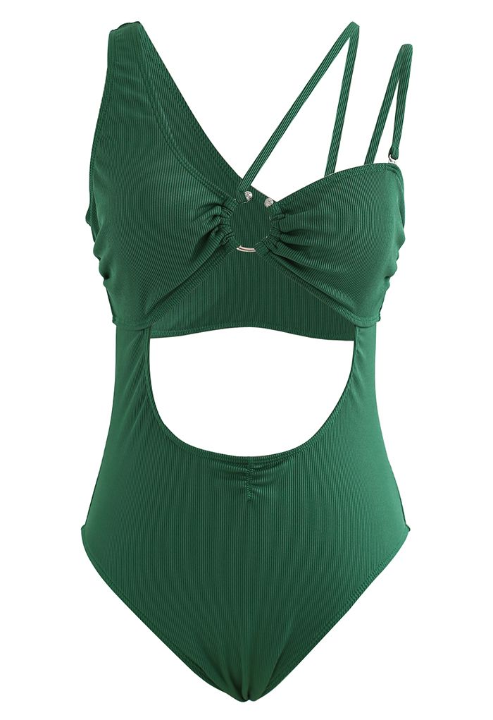 Maillot de bain à découpes vert foncé à bretelles asymétriques