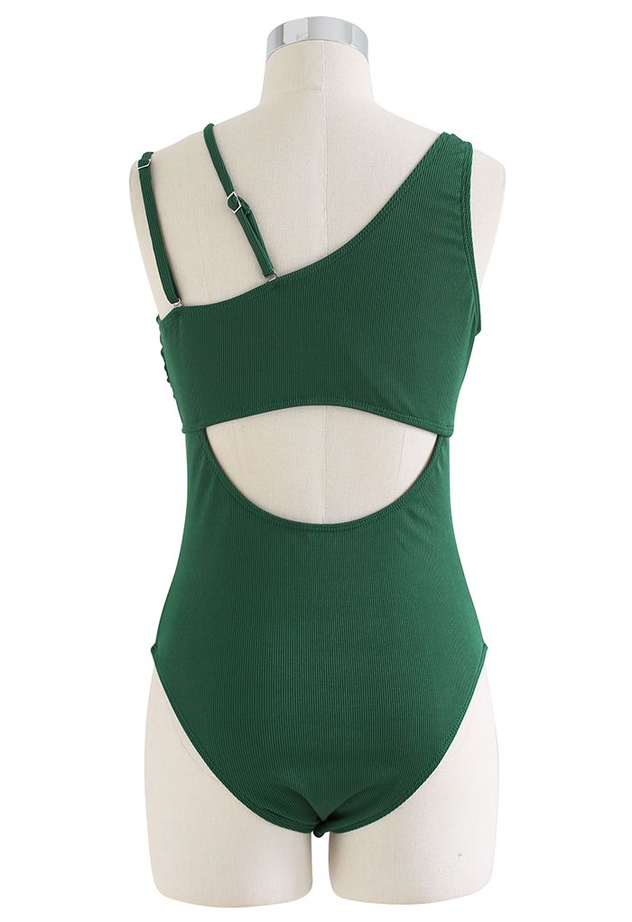 Maillot de bain à découpes vert foncé à bretelles asymétriques