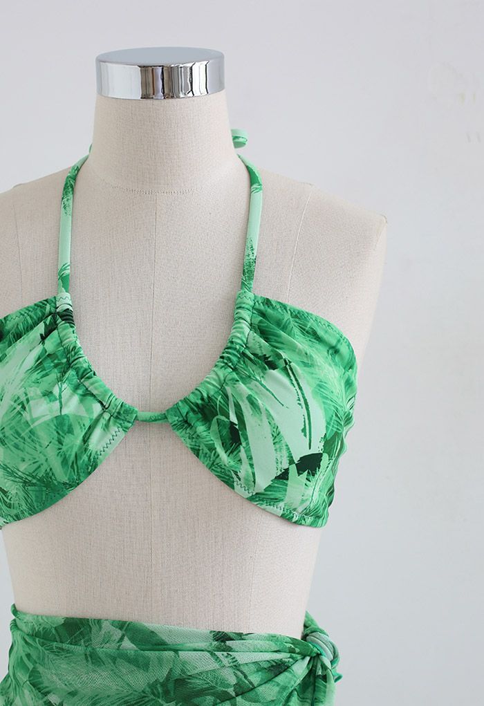Ensemble de bikini noué Greenery Leaf avec paréo