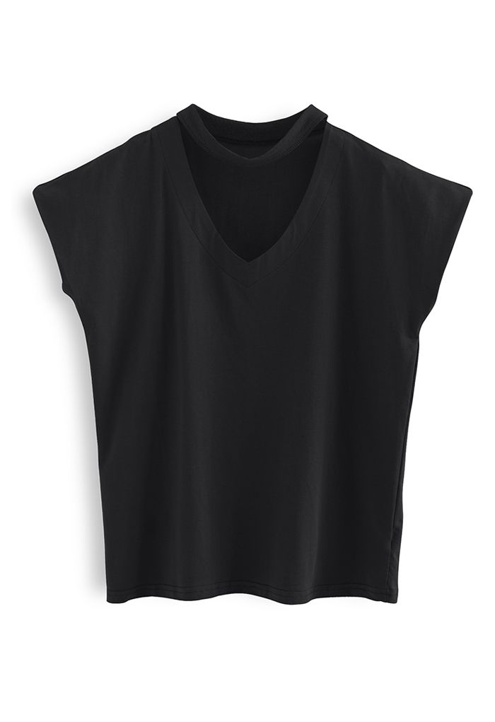 T-shirt en coton sans manches ras du cou à col en V en noir