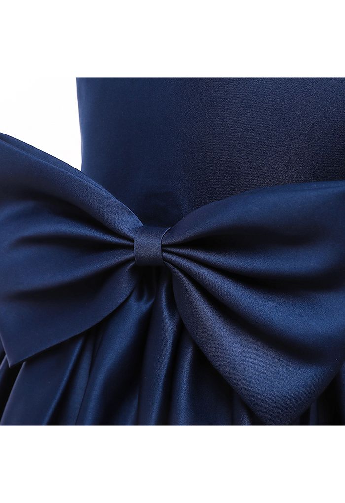 Robe de princesse sans manches à grand nœud dans le dos en bleu marine pour les enfants