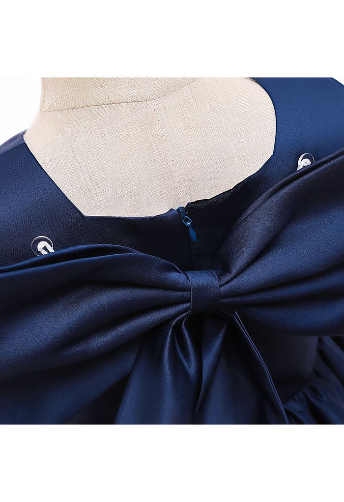 Robe de princesse sans manches à grand nœud dans le dos en bleu marine pour les enfants
