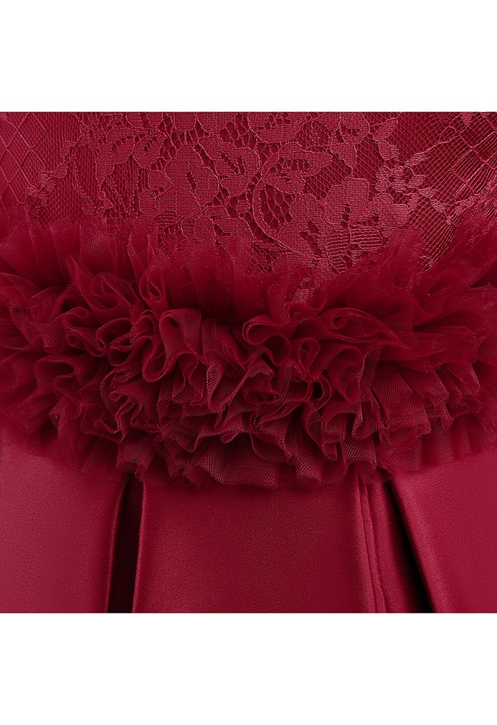Robe de princesse en maille à volants en dentelle florale rouge pour enfants