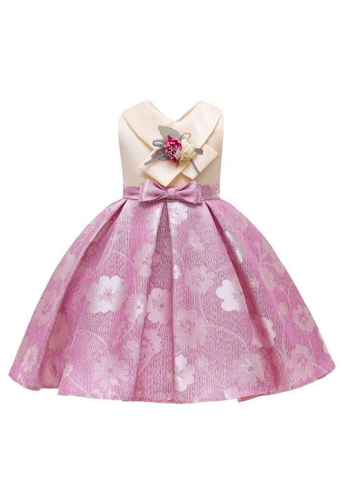 Robe de princesse en jacquard floral avec nœud papillon en rose pour les enfants