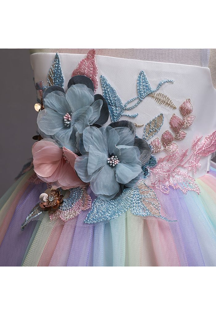 Robe de princesse en maille pastel à fleurs 3D en blanc pour enfants