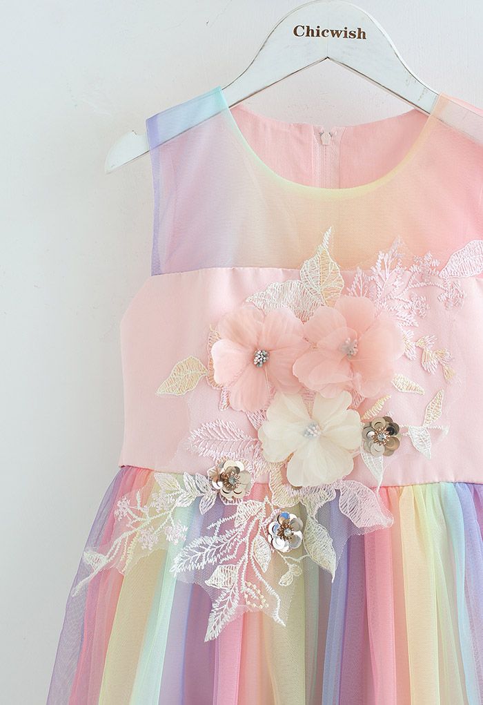 Robe de princesse en maille pastel à fleurs 3D en rose pour enfants