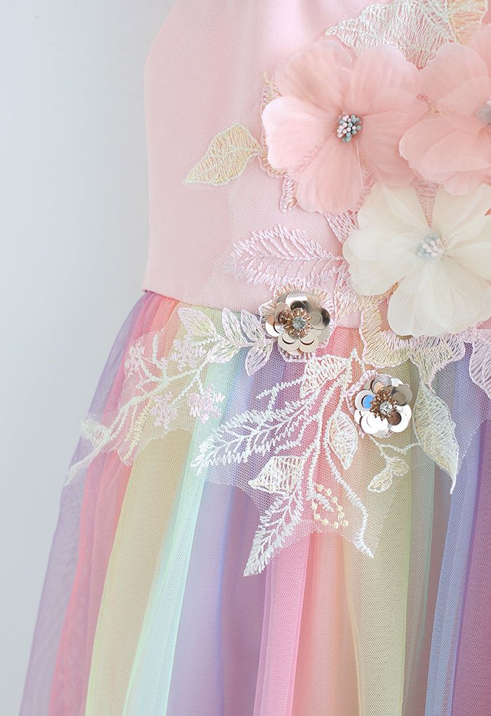 Robe de princesse en maille pastel à fleurs 3D en rose pour enfants