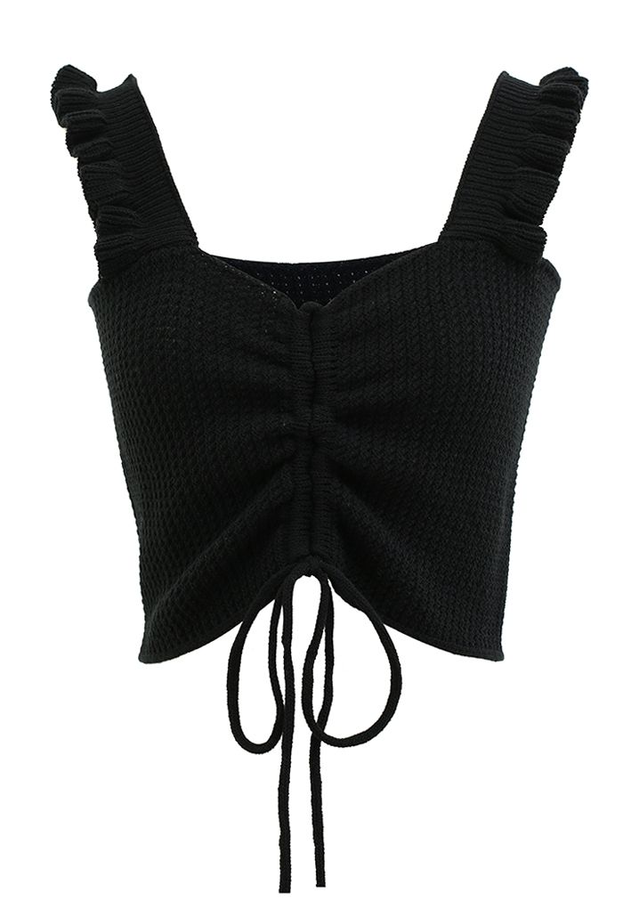 Crop top en tricot gaufré à volants avec cordon de serrage en noir