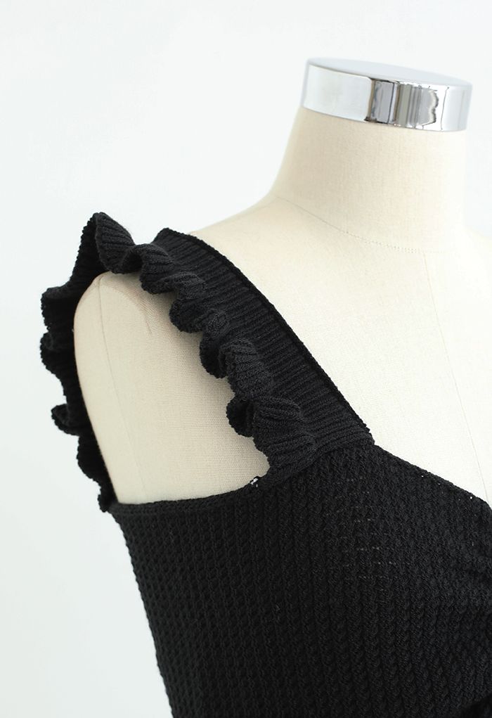 Crop top en tricot gaufré à volants avec cordon de serrage en noir