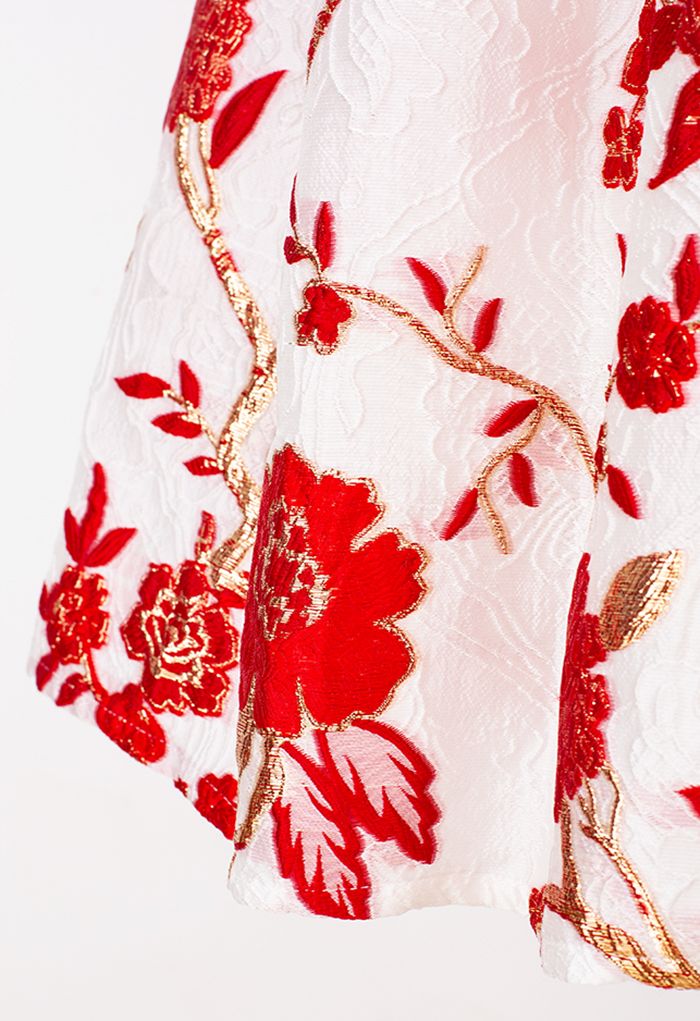 Jupe plissée en jacquard fleuri rouge In Bloom