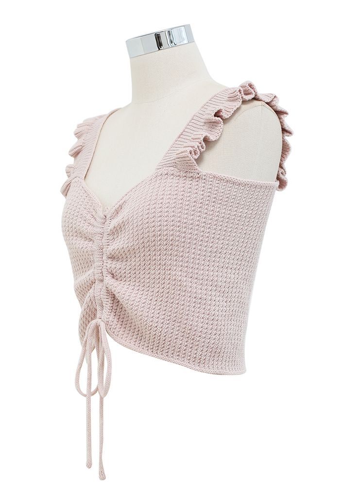 Crop top en tricot gaufré à volants avec cordon de serrage en vieux rose