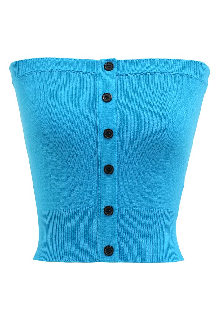 Haut en tricot court sans bretelles boutonné sur le devant en bleu