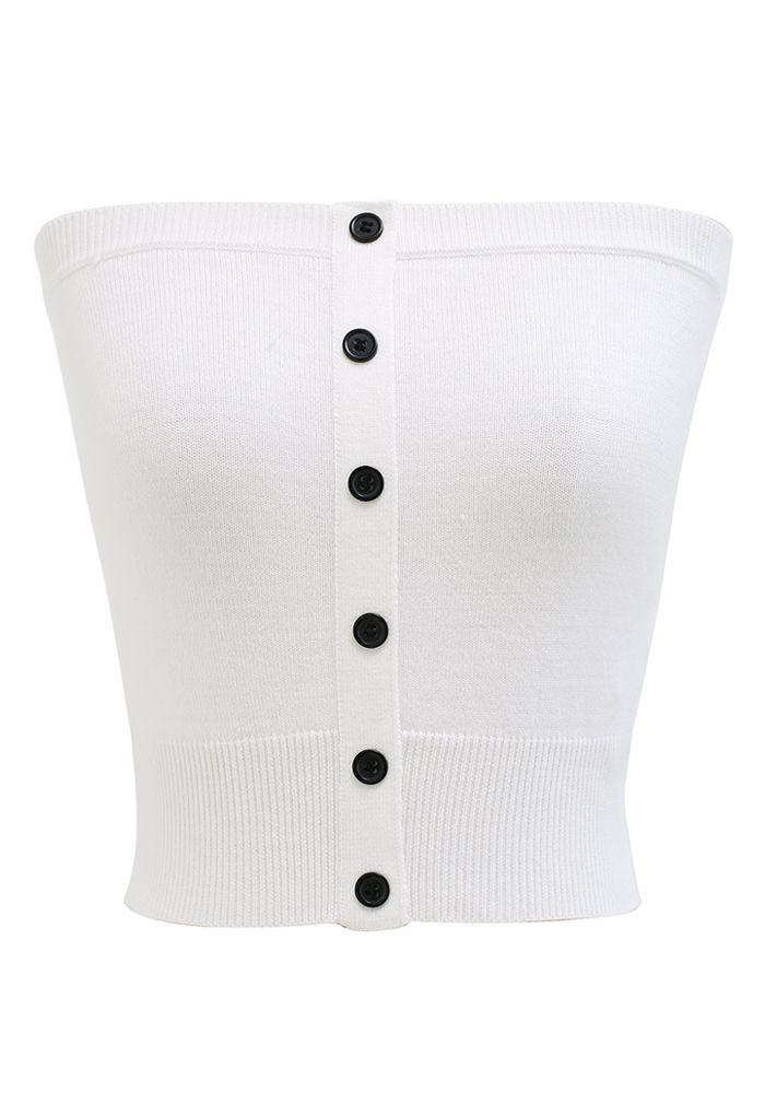 Haut en tricot court sans bretelles boutonné sur le devant en blanc