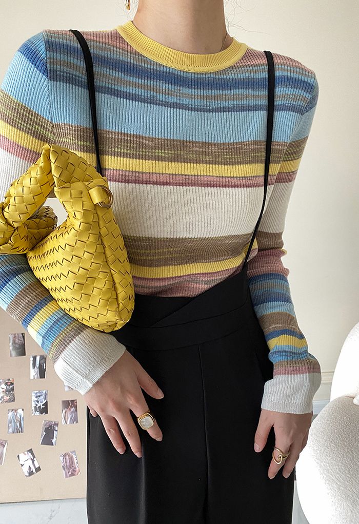 Haut en tricot à rayures et blocs de couleurs en jaune