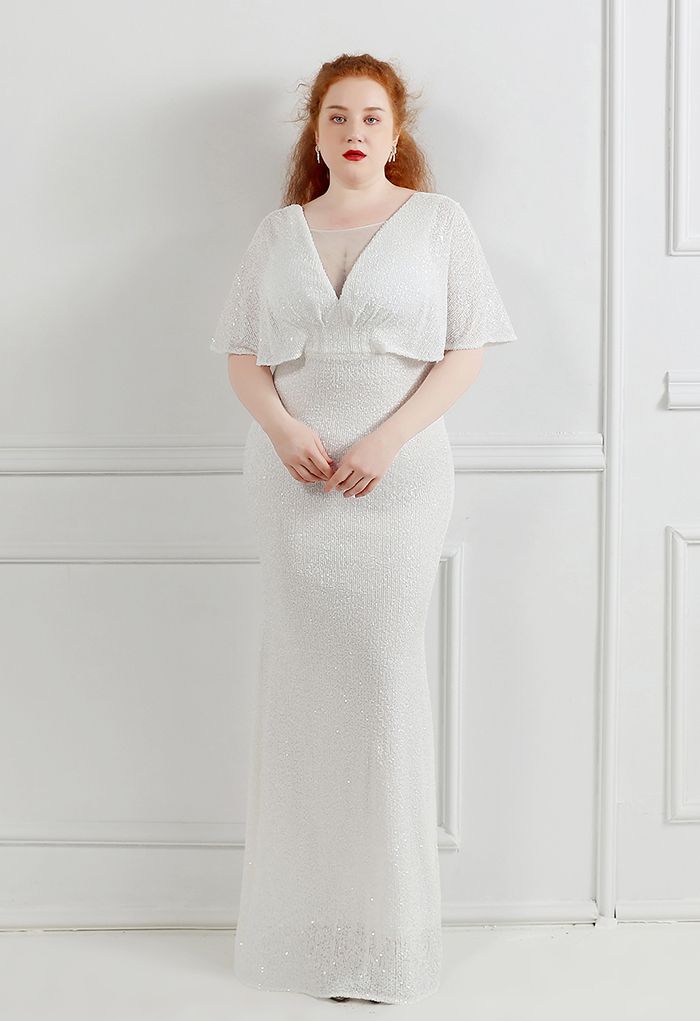 Robe à Paillettes Insérées en Maille à Manches Cape en Blanc