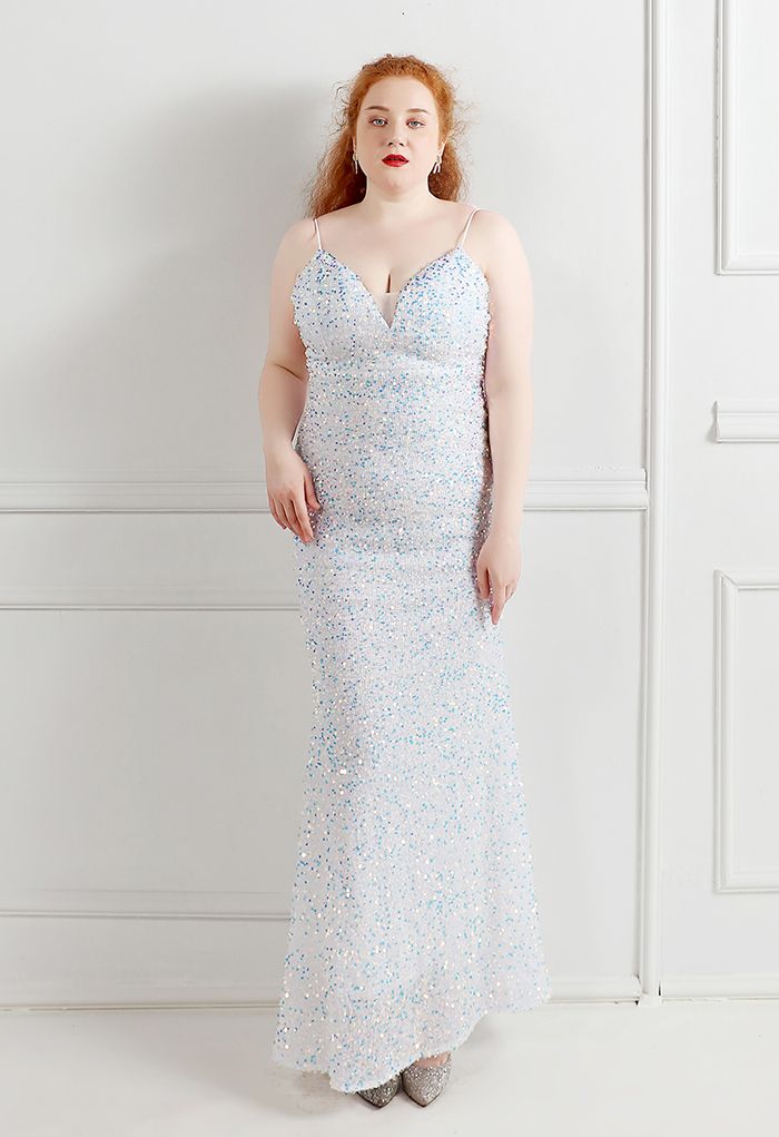 Robe Caraco Sirène à Paillettes Insérées en Maille en Blanc