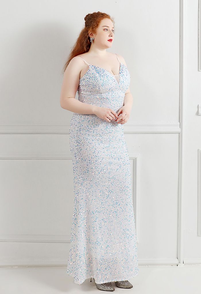 Robe Caraco Sirène à Paillettes Insérées en Maille en Blanc