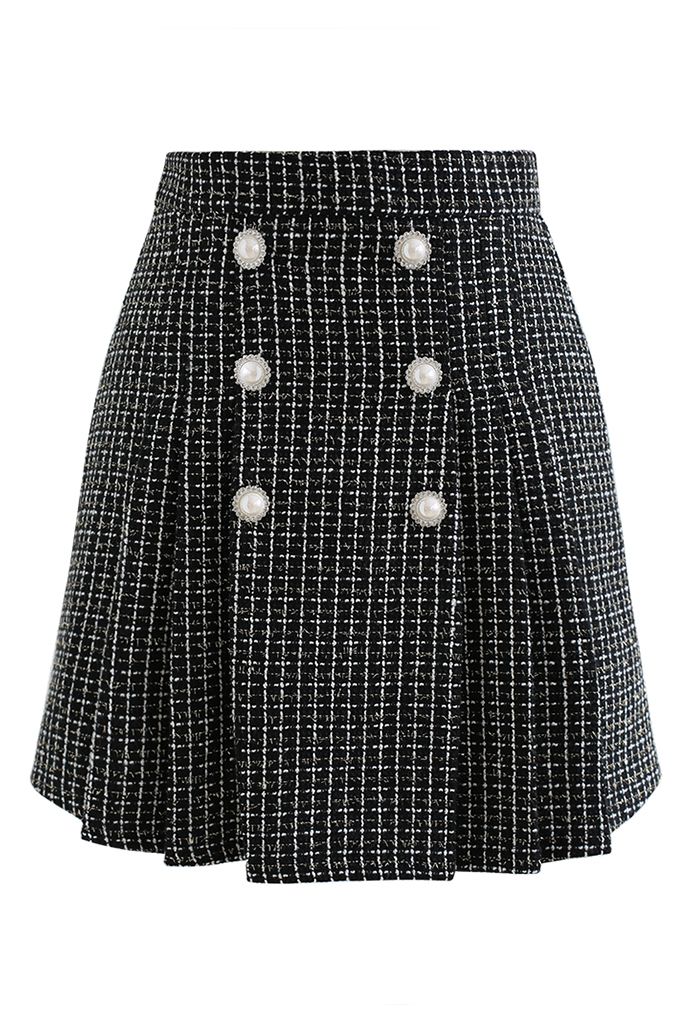 Mini-jupe en tweed à carreaux et boutons nacrés en noir