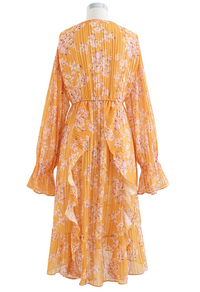 Robe mi-longue plissée à volants fleuris orange