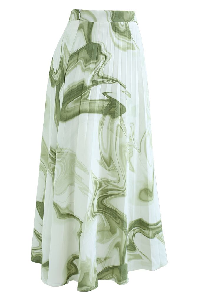 Jupe mi-longue plissée à imprimé tourbillon aquarelle en vert
