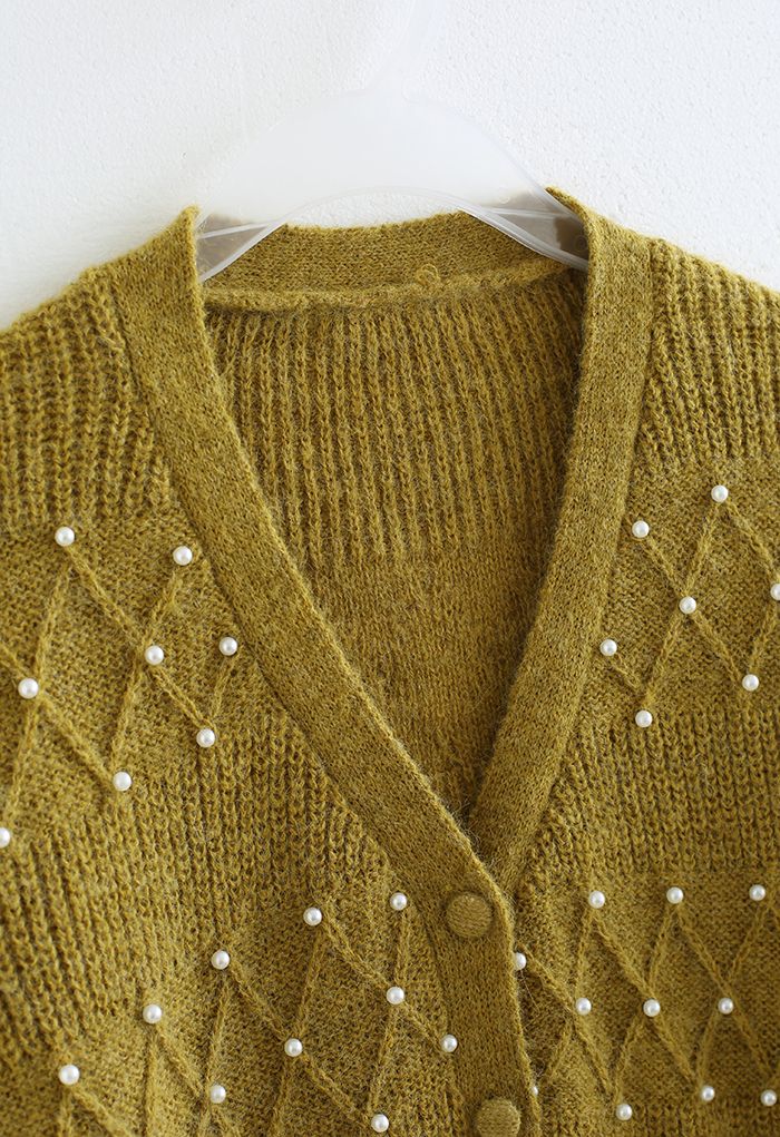 Cardigan en tricot à décor de perles à texture diamant en moutarde