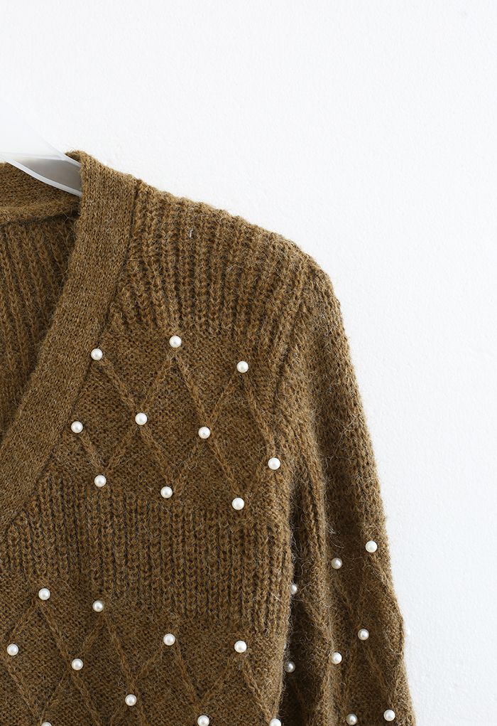 Cardigan en tricot à décor de perles à texture diamant en marron