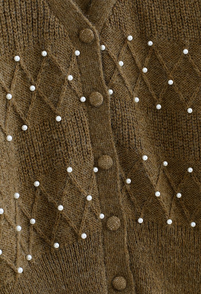 Cardigan en tricot à décor de perles à texture diamant en marron