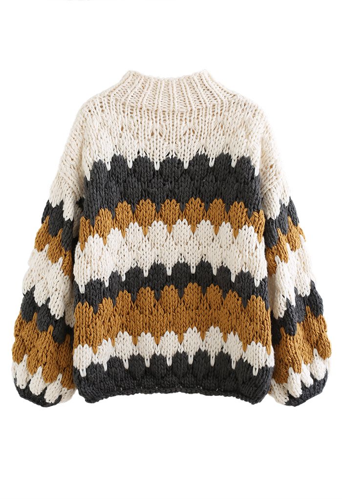 Pull épais tricoté à la main à col haut et couleurs contrastées en fumé