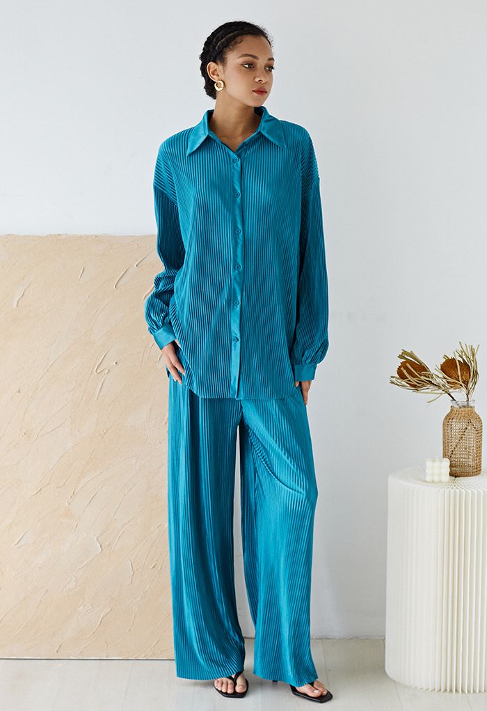 Ensemble complet de chemise plissée plissée et de pantalon en bleu sarcelle