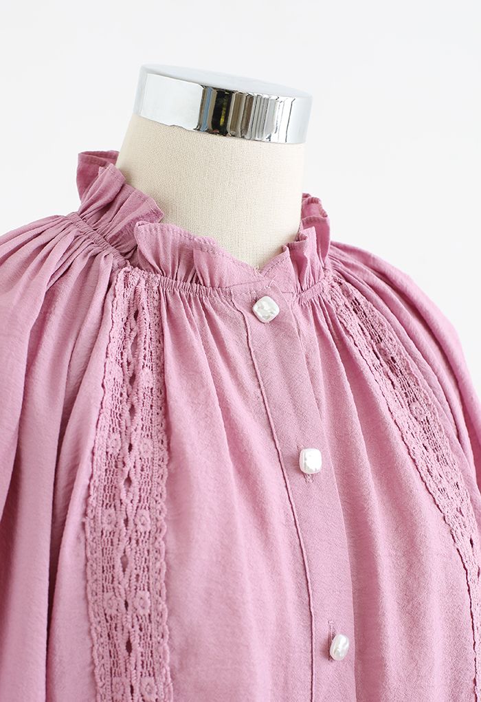 Chemise ample à manches bouffantes et bordure en crochet en violet