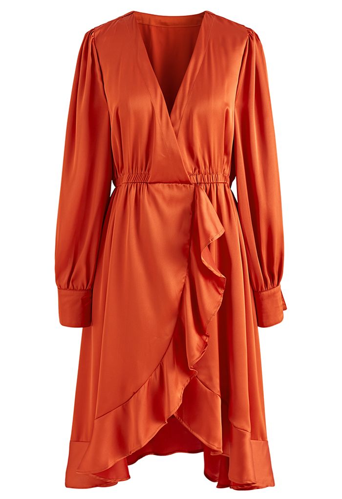 Robe asymétrique en satiné à ourlet volanté en orange